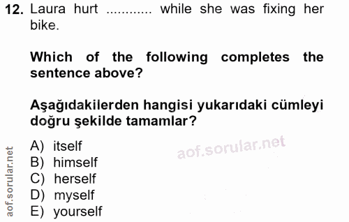 12. soru: Laura hurt .... while she was fixing her bike. Which of the following completes the sentence above? Aşağıdakilerden h…