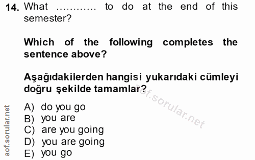 14. soru: What to do at the end of this semester? Which of the following completes the sentence above? Aşağıdakilerden hangisi…
