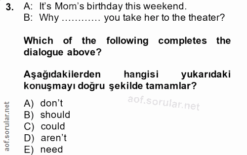 3. soru: A: It's Mom's birthday this weekend. B: Why ............ you take her to the theater? Which of the following complete…