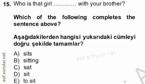 15. soru: Who is that girl........... with your brother? Which of the following completes the sentence above? Aşağıdakilerden h…