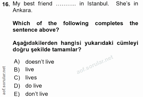 16. soru: My best friend in Istanbul. She's in Ankara. Which of the following completes the sentence above? Aşağıdakilerden han…