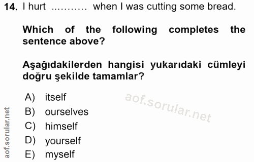 14. soru: I hurt when I was cutting some bread. Which of the following completes the sentence above? Aşağıdakilerden hangisi yu…