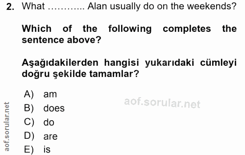 2. soru: What ............ Alan usually do on the weekends? Which of the following completes the sentence above? Aşağıdakilerd…