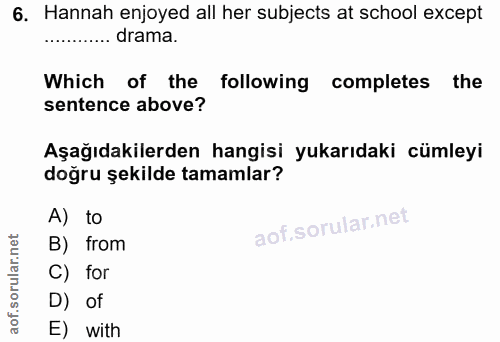 6. soru: Hannah enjoyed all her subjects at school except drama. Which of the following completes the sentence above? Aşağıdak…