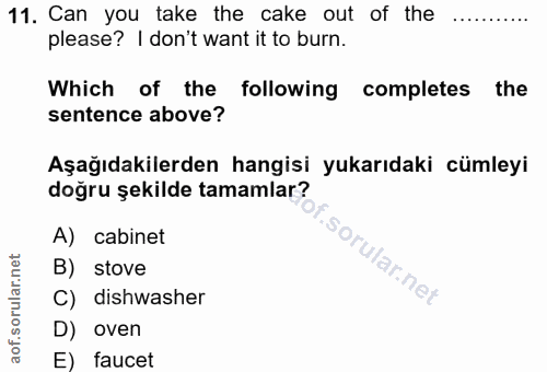 11. soru: Can you take the cake out of the please? I don't want it to burn. Which of the following completes the sentence above…