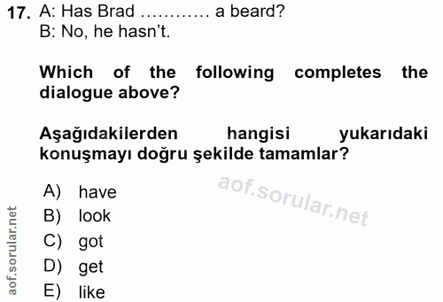17. soru: A: Has Brad ............ a beard? B: No, he hasn't. Which of the following completes the dialogue above? Aşağıdakiler…