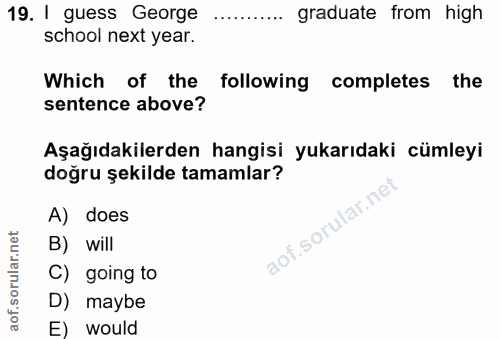 19. soru: I guess George ..... graduate from high school next year. Which of the following completes the sentence above? Aşağıd…