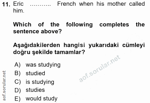 11. soru: Eric French when his mother called him. Which of the following| completes the sentence above? Aşağıdakilerden hangisi…