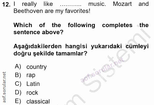 12. soru: I really like music. Mozart and Beethoven are my favorites! Which of the following completes the sentence above? Aşağ…