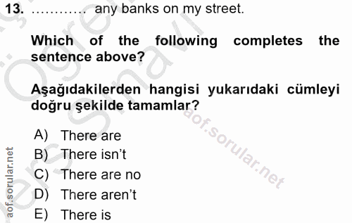 13. soru: any banks on my street. Which of the following completes the sentence above? Aşağıdakilerden hangisi yukarıdaki cümle…