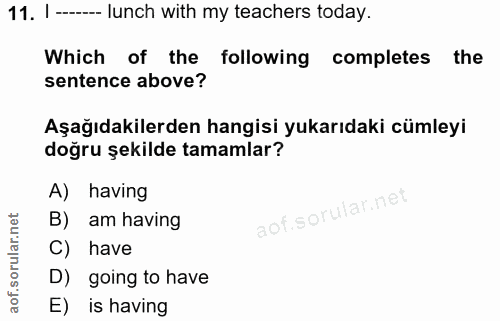 11. soru: -- lunch with my teachers today. Which of the following completes the sentence above? Aşağıdakilerden hangisi yukarıd…