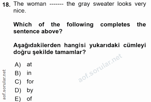 18. soru: The woman -- the gray sweater looks very nice. Which of the following completes the sentence above? Aşağıdakilerden h…