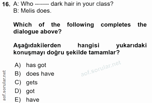 16. soru: A: Who ---- dark hair in your class? B: Melis does. Which of the : following completes the dialogue above? Aşağıdakil…