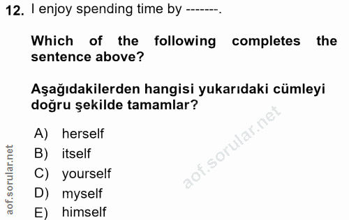 12. soru: I enjoy spending time by ---. Which of the following completes the sentence above? Aşağıdakilerden hangisi yukarıdaki…