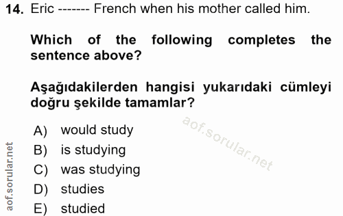 14. soru: Eric ---- French when his mother called him. Which of the following completes the sentence above? Aşağıdakilerden han…