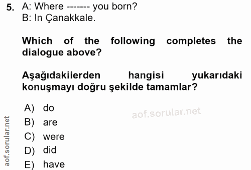 5. soru: A: Where -__ you born? B: In Çanakkale. Which of the following completes the dialogue above? Aşağıdakilerden hangisi…