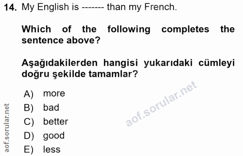 14. soru: My English is ----- than my French. Which of the following completes the sentence above? Aşağıdakilerden hangisi yuka…