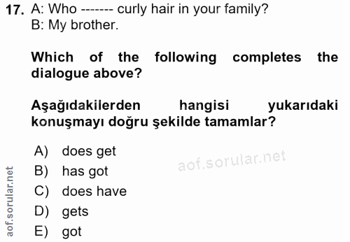 17. soru: A: Who ----- curly hair in your family? B: My brother. Which of the following completes the dialogue above? Aşağıdaki…