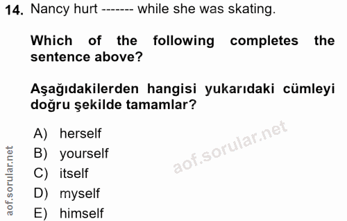 14. soru: Nancy hurt ---- while she was skating. Which of the following completes the sentence above? Aşağıdakilerden hangisi y…