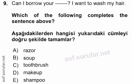 9. soru: Can I borrow your ---? I want to wash my hair. Which of the following completes the sentence above? Aşağıdakilerden h…
