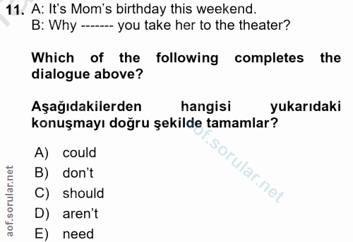 11. soru: A: It's Mom's birthday this weekend. B: Why ----- you take her to the theater? Which of the following completes the d…