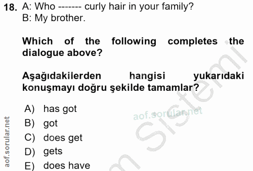 18. soru: A: Who --- curly hair in your family? B: My brother. Which of the following completes the dialogue above? Aşağıdakile…