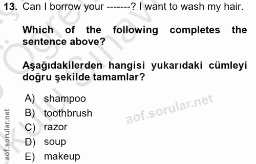 13. soru: Can I borrow your --_? I want to wash my hair. Which of the following completes the sentence above? Aşağıdakilerden h…