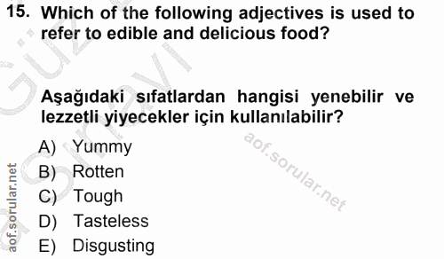 15. soru: Which of the following adjectives is used to refer to edible and delicious food? Aşağıdaki sıfatlardan hangisi yenebi…