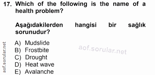 17. soru: Which of the following is the name of a health problem? Aşağıdakilerden hangisi bir sağlık sorunudur? A) Mudslide B)…