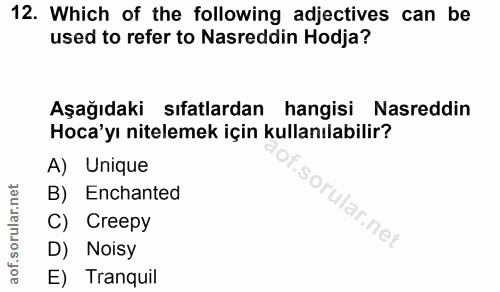 12. soru: Which of the following adjectives can be used to refer to Nasreddin Hodja? Aşağıdaki sıfatlardan hangisi Nasreddin Ho…