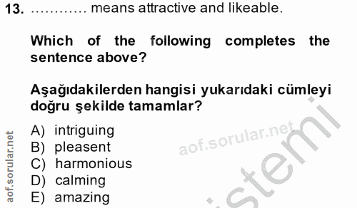 13. soru: means attractive and likeable. Which of the following completes the sentence above? Aşağıdakilerden hangisi yukarıdak…