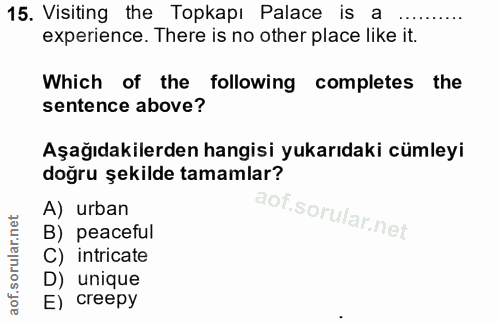 15. soru: Visiting the Topkapı Palace is a experience. There is no other place like it. Which of the following completes the se…
