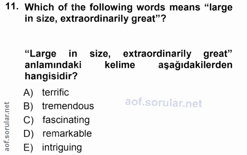 11. soru: Which of the following words means "large in size, extraordinarily great"? "Large in size, extraordinarily great" anl…