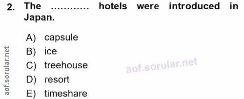 2. soru: The hotels were introduced in Japan. A) capsule B) ice C) treehouse D) resort E) timeshare