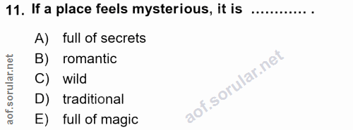 11. soru: If a place feels mysterious, it is A) full of secrets B) romantic C) wild D) traditional E) full of magic
