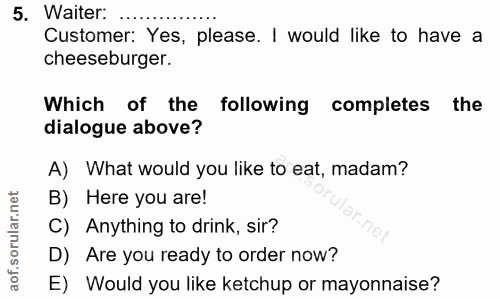 5. soru: Waiter: Customer: Yes, please. I would like to have a cheeseburger. Which of the following completes the dialogue abo…
