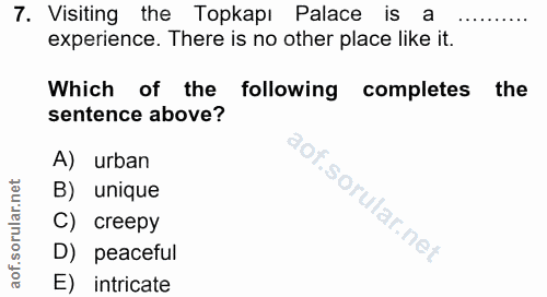 7. soru: Visiting the Topkapı Palace is a experience. There is no other place like it. Which of the following completes the se…