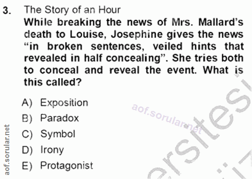 3. soru: The Story of an Hour While breaking the news of Mrs. Mallard's death to Louise, Josephine gives the news "in broken s…