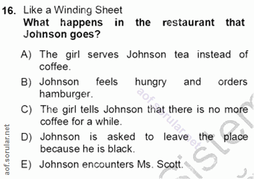 16. soru: Like a Winding Sheet What happens in the restaurant that Johnson goes? A) The girl serves Johnson tea instead of coff…