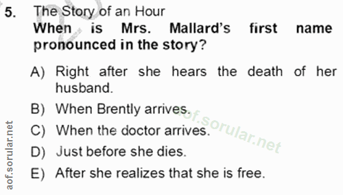 5. soru: The Story of an Hour When is Mrs. Mallard's first name pronounced in the story? A) Right after she hears the death of…