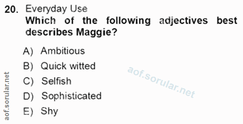 20. soru: Everyday Use Which of the following adjectives best describes Maggie? A) Ambitious B) Quick witted orular.net C) Self…