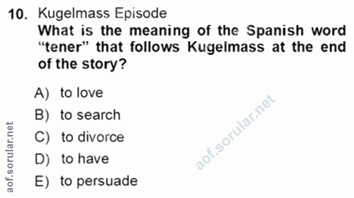 10. soru: Kugelmass Episode hat is the meaning of the Spanish wor 'tener" that follows Kugelmass at the enc of the story? A) to…