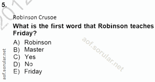 5. soru: Robinson Crusoe What is the first word that Robinson teaches Friday? A) Robinson B) Master C) Yes No E) Friday