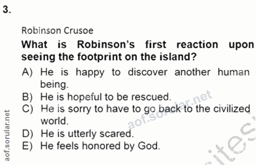 3. soru: Robinson Crusoe What is Robinson's first reaction upon seeing the footprint on the island? A) He is happy to discover…