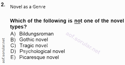 2. soru: Novel as a Genre Which of the following is not one of the novel types? A) Bildungsroman B) Gothic novel C) Tragic nov…