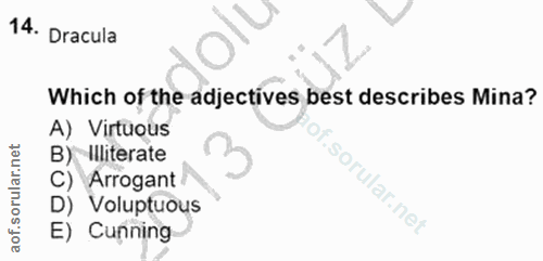 14. soru: Dracula Which of the adjectives best describes Mina? A) Virtuous B) Illiterate C) Arrogant D) Voluptuous E) Cunning