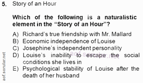 5. soru: Story of an Hour Which of the following is a naturalistic element in the "Story of an Hour"? A) Richard's true friend…