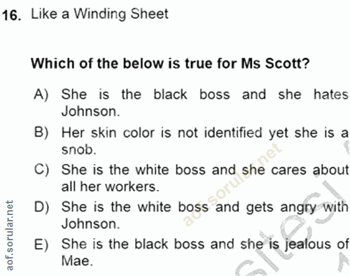 16. soru: Like a Winding Sheet Which of the below is true for Ms Scott? A) She is the black boss and she hates Johnson. B) Her…