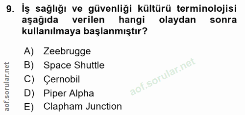 9. soru: İş sağlığı ve güvenliği kültürü terminolojisi aşağıda verilen hangi olaydan sonra kullanılmaya başlanmıştır? A) Zeebr…