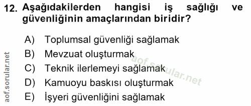 12. soru: Aşağıdakilerden hangisi iş sağlığı ve güvenliğinin amaçlarından biridir? A) Toplumsal güvenliği sağlamak B) Mevzuat o…